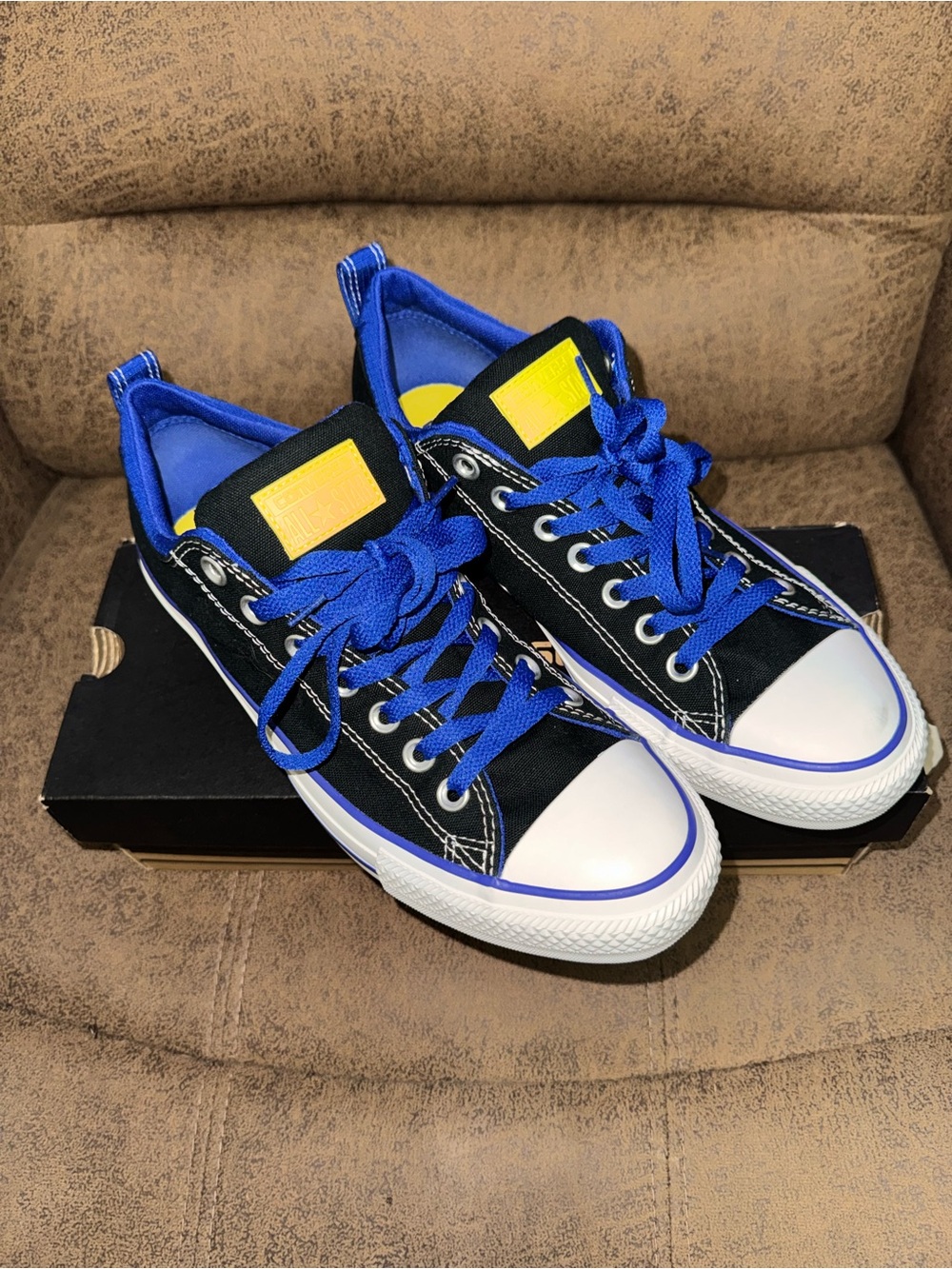 Converse Low Top Sneakers in Black, Royal Blue & Yellow - Picture 3 of 9